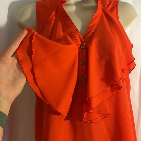 Orange Ruffled Chest Tank / Sleeveless Blouse, Size Medium by B Wear - Picture 3 of 7